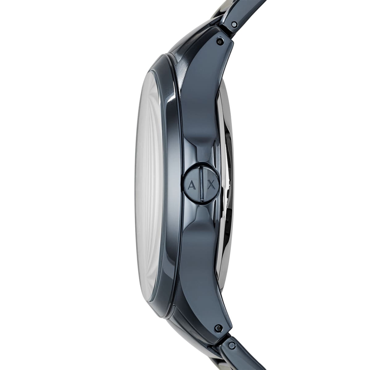 Side profile of Armani Exchange Hampton blue watch showing case thickness and steel bracelet