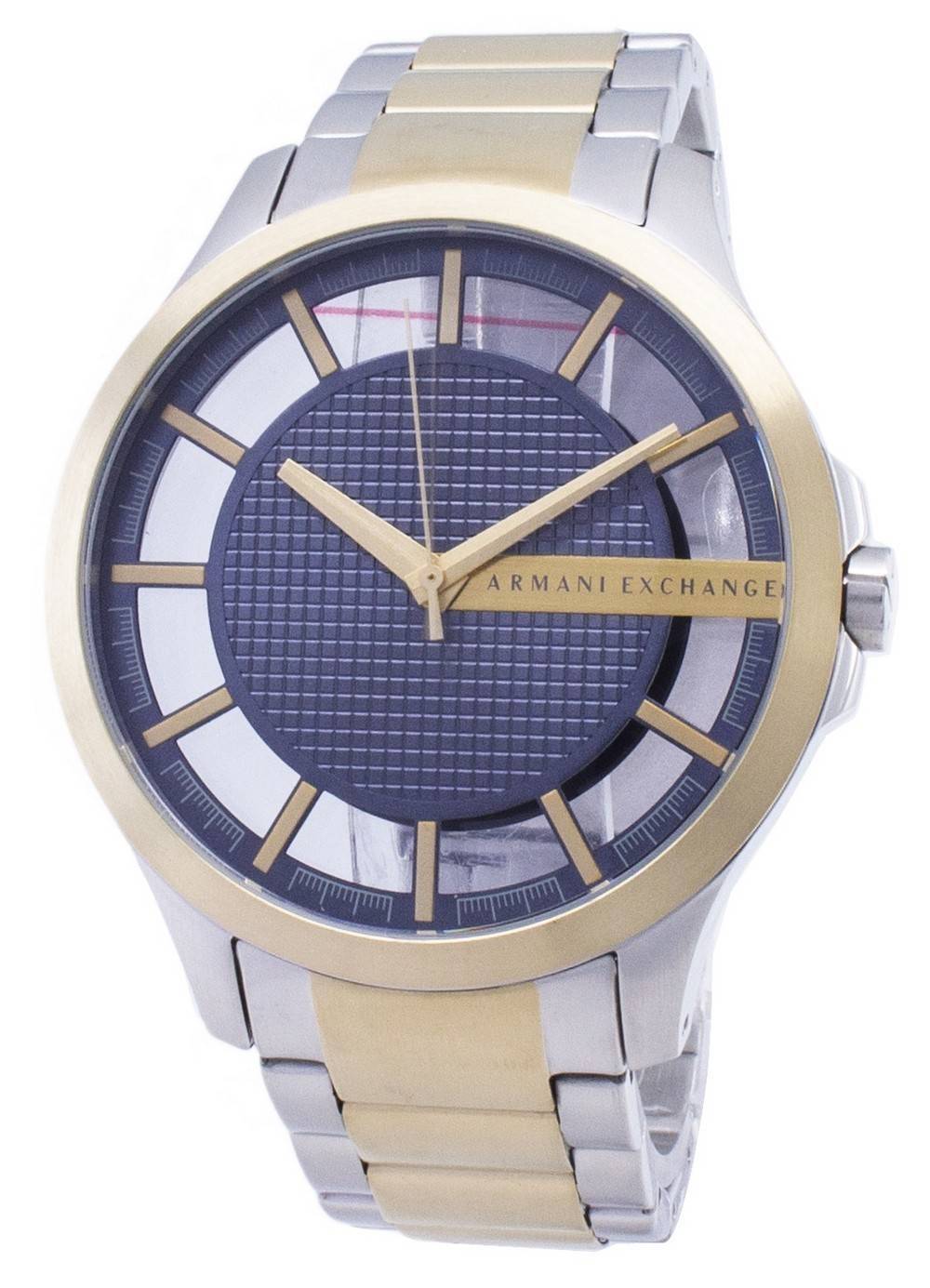 Armani Exchange Hampton two-tone watch angled view showing gold and silver mixed metal band