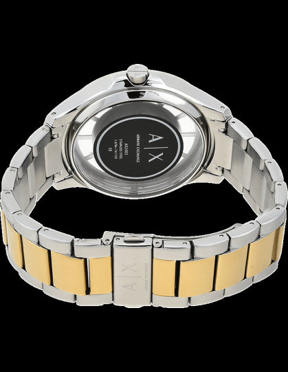 Armani Exchange Hampton watch caseback with two-tone gold and silver metal design