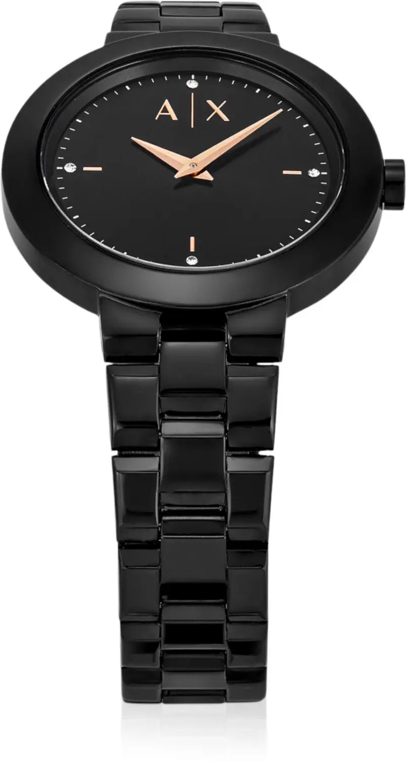 All-black Armani Exchange Jackie watch showing bracelet and round dial from angled perspective
