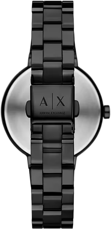 Caseback view of all-black Armani Exchange Jackie watch showing stainless steel bracelet
