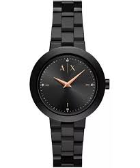 Armani Exchange Jackie women's watch with all-black case and bracelet, golden hands on black dial