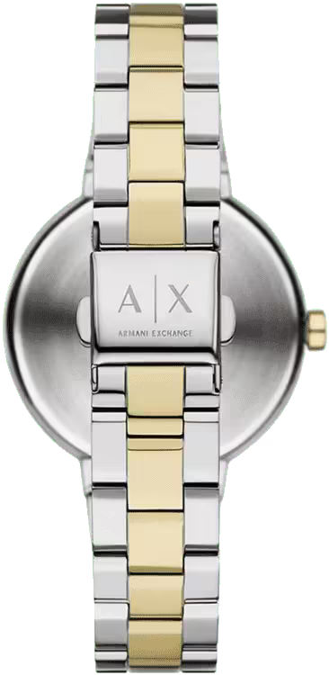 Case back view of Armani Exchange Jackie watch showing AX branding on stainless steel