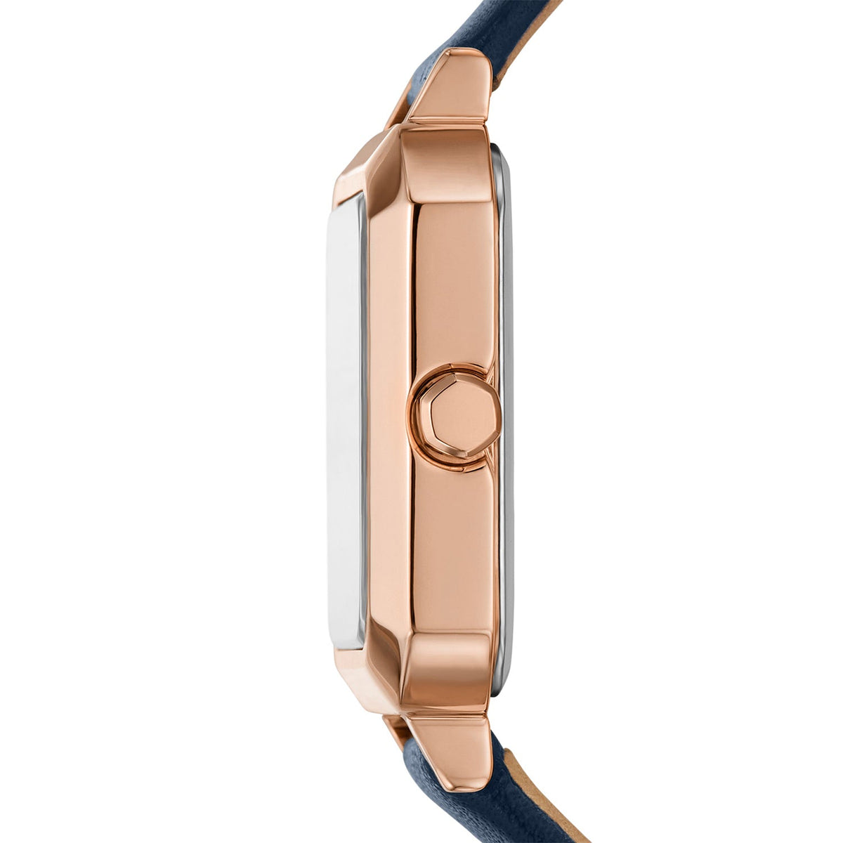 Side view of AX5722 showing rose gold case profile with blue leather strap