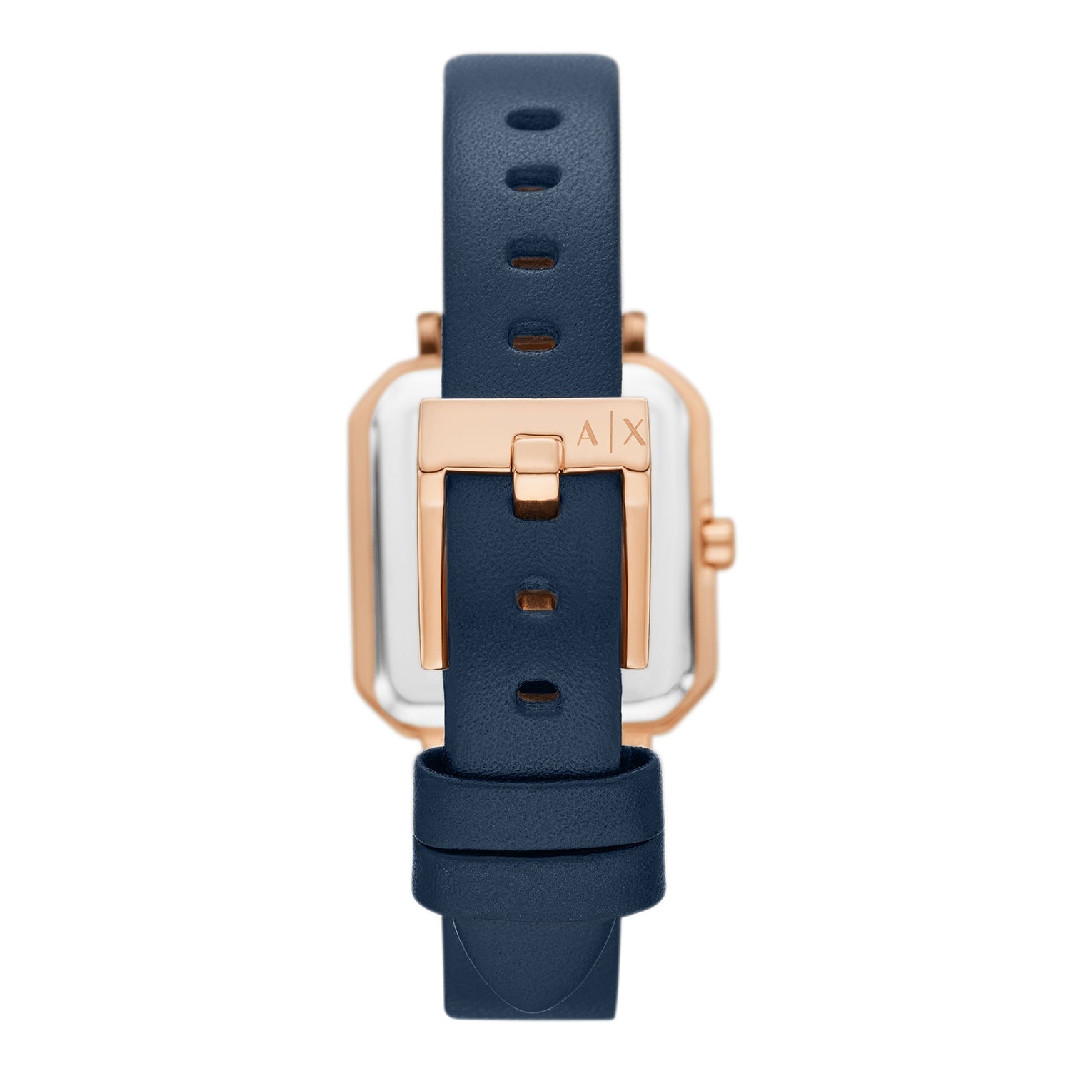 Armani Exchange AX5722 blue leather strap with rose gold buckle and branding