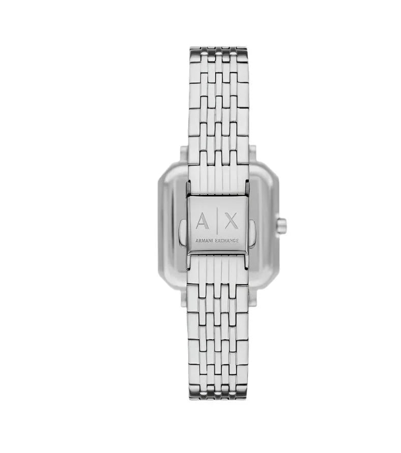 Armani Exchange LEILA AX5724 three-quarter view showing square silver watch face and steel link bracelet