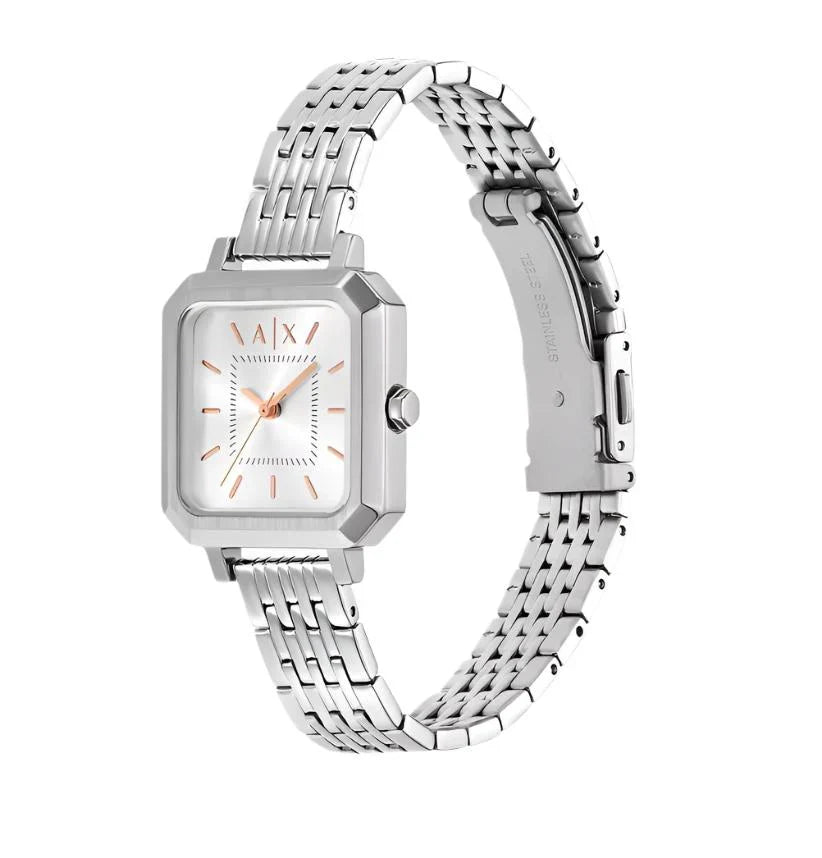 Armani Exchange LEILA AX5724 silver women's watch on wrist with steel bracelet displayed at angle
