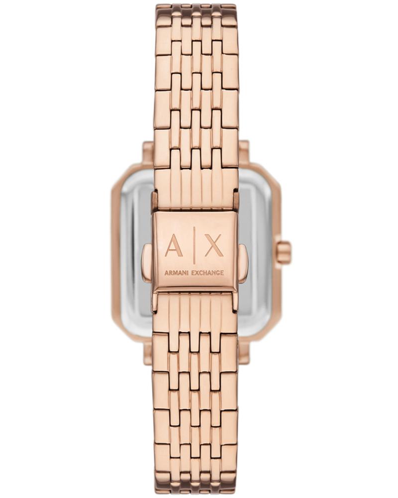 Close-up of Armani Exchange LEILA watch face showing AX logo, white dial, and rose gold case