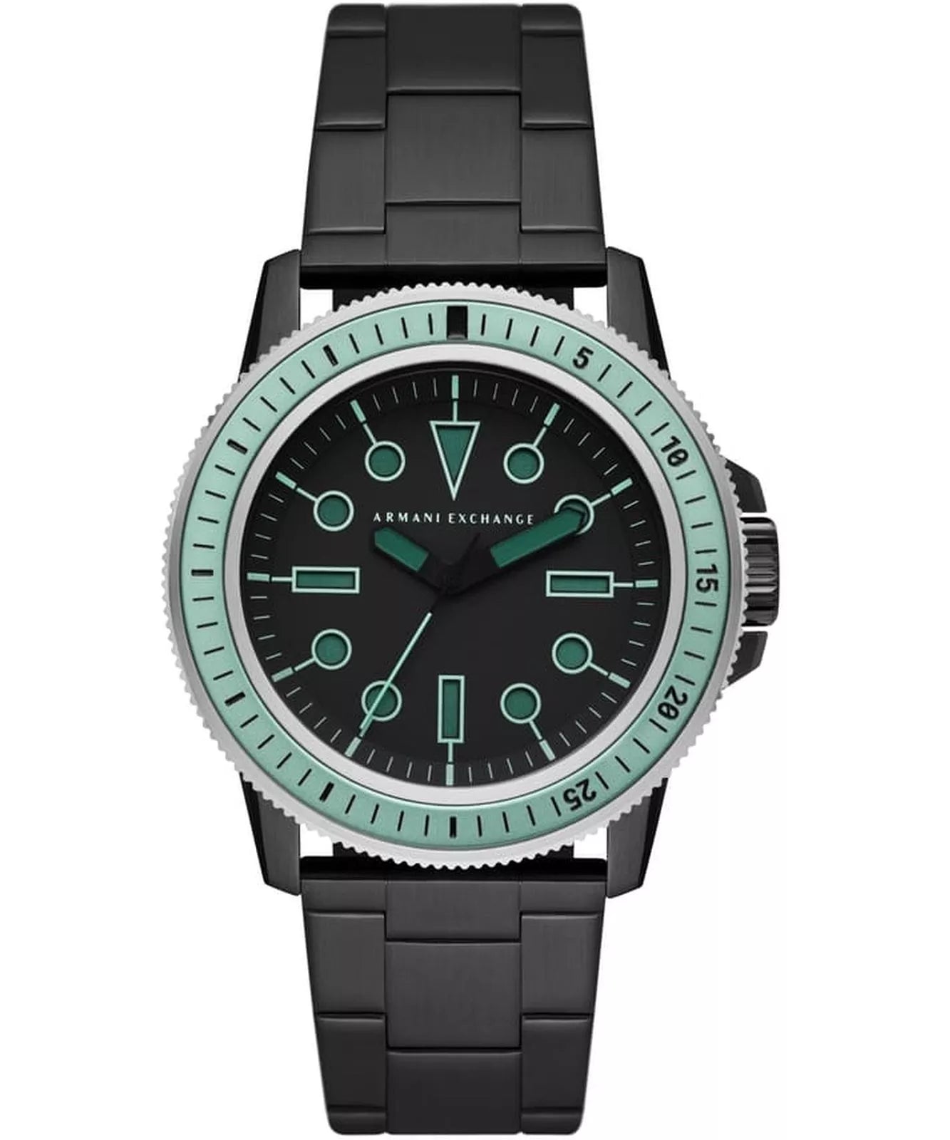 Armani Exchange Leonardo AX1858 black watch with teal bezel and teal luminous markers on dial
