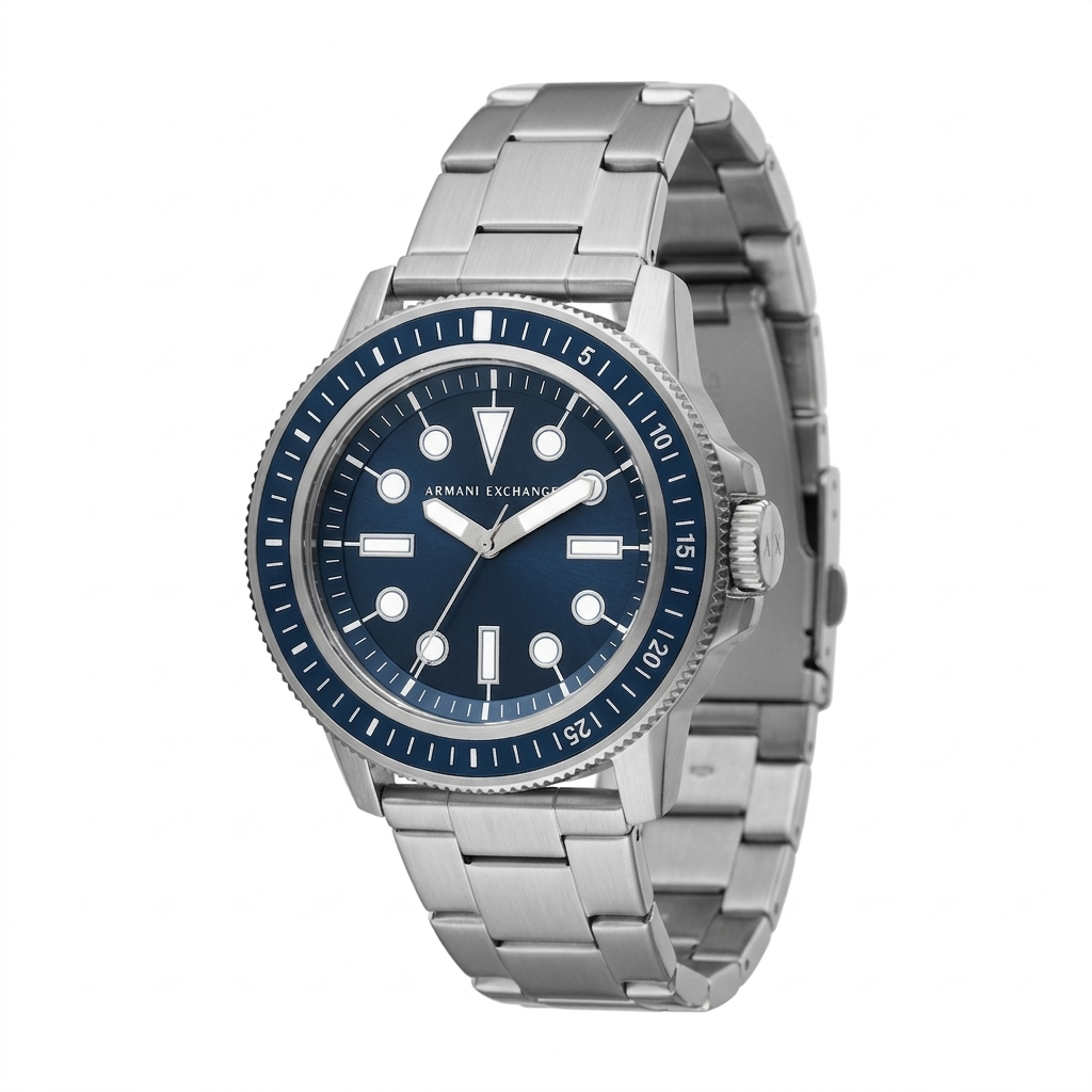 Armani Exchange Leonardo AX1861 silver men's watch with navy blue dial and rotating bezel