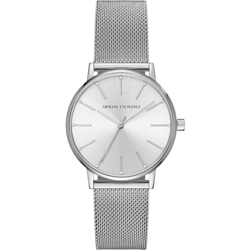 Armani Exchange Three-Hand Lola ladies watch with silver dial and silver mesh bracelet strap
