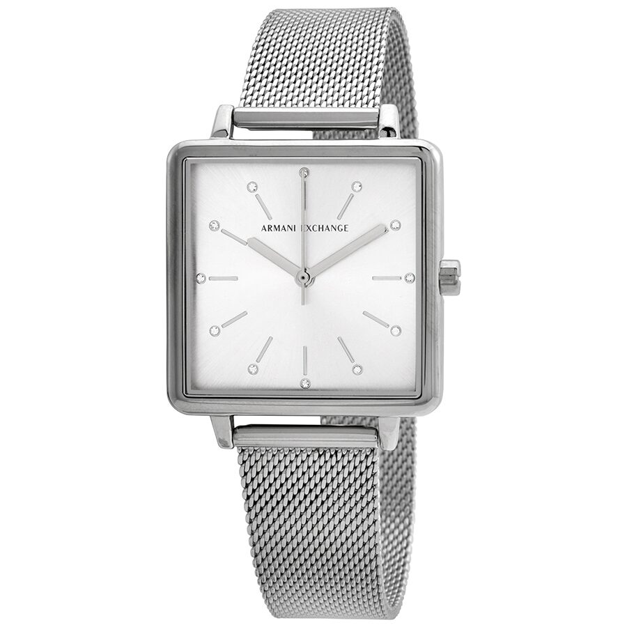 Armani Exchange Lola ladies watch with square silver dial and silver mesh strap