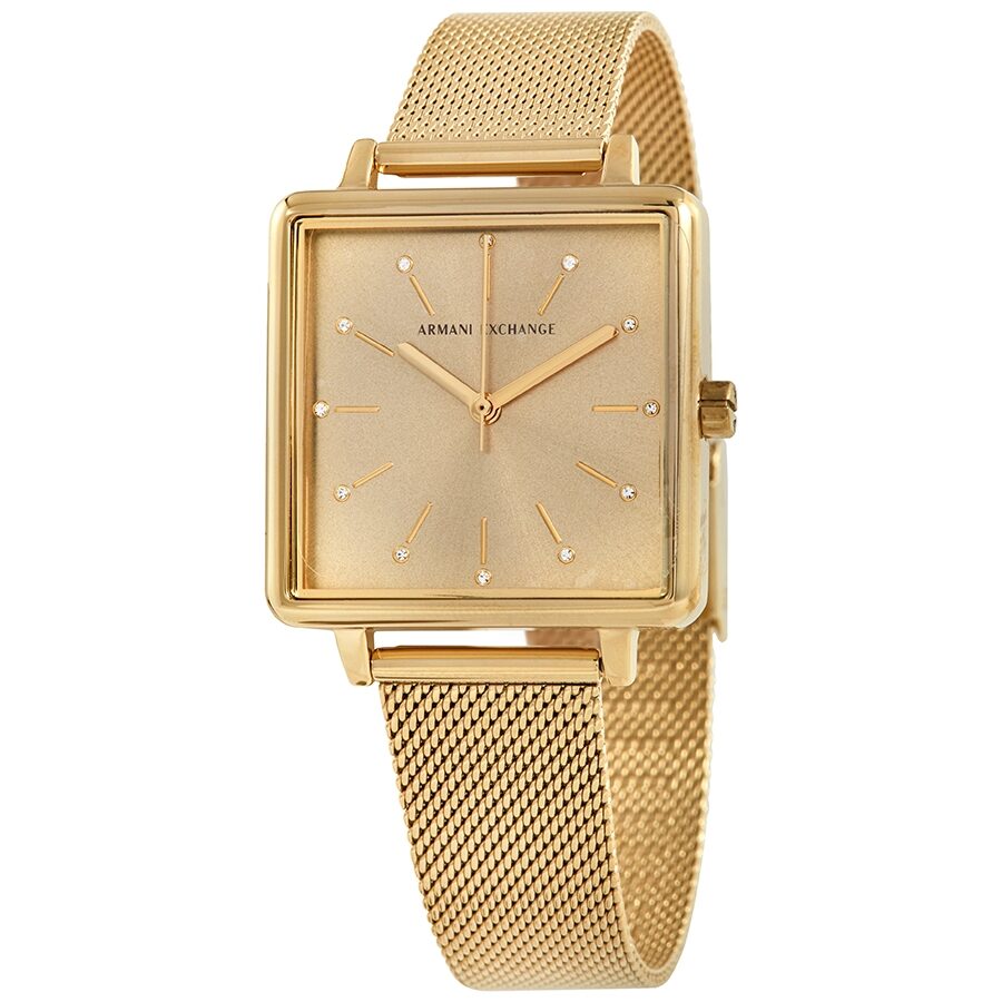 Armani Exchange Lola gold quartz watch with square gold dial and mesh bracelet strap