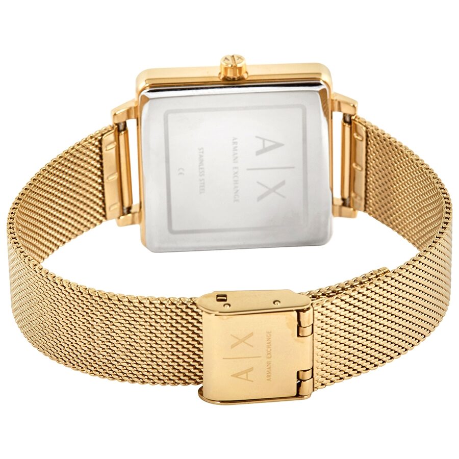 Armani Exchange Lola ladies watch on wrist with gold mesh bracelet and white back detail