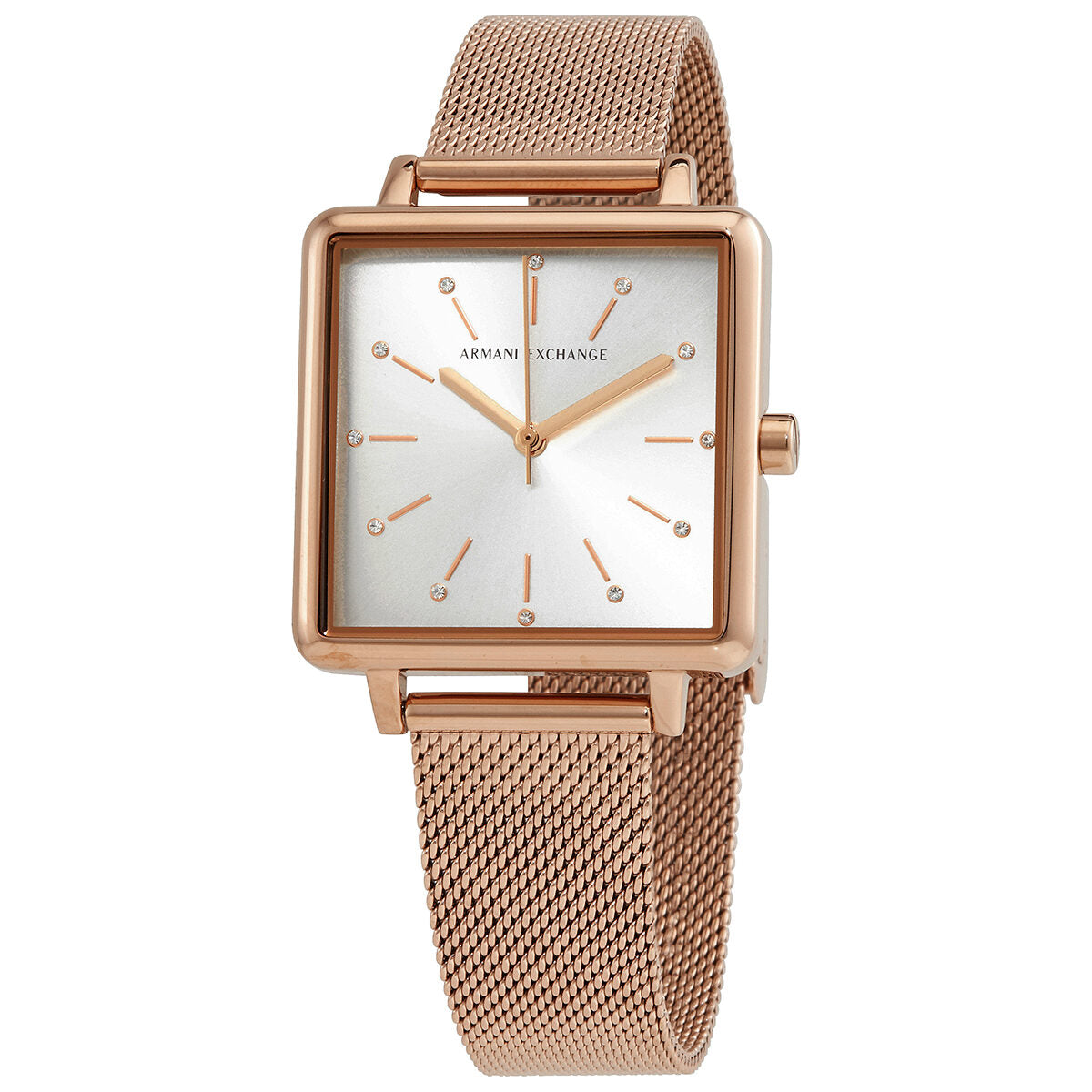 Armani Exchange Lola square quartz watch with silver dial, rose gold case and mesh strap