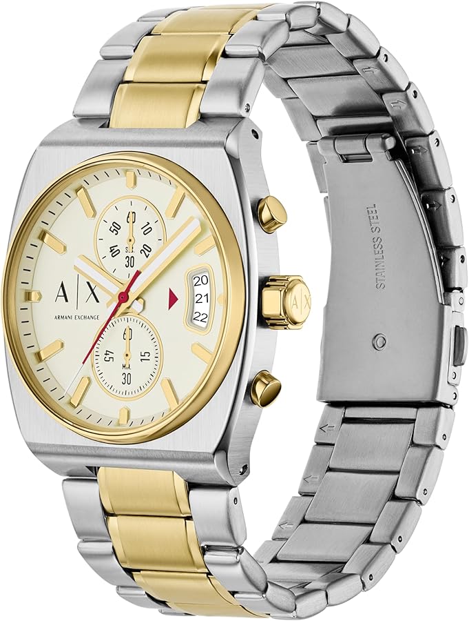Front and back view of Armani Exchange Oliver AX2821 watch with two-tone bracelet