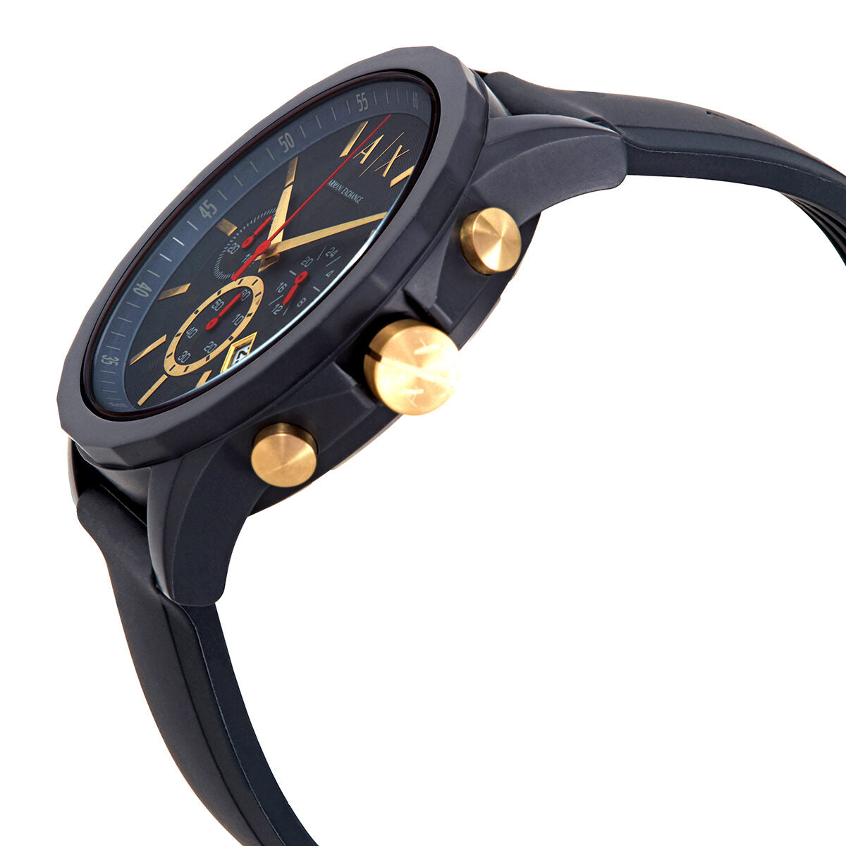 Armani Exchange Outerbanks watch side profile showing dark blue case, gold pushers, and black strap