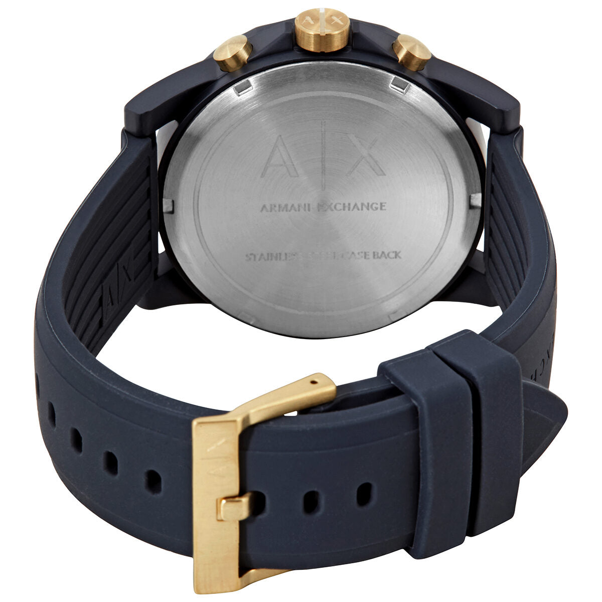 Armani Exchange Outerbanks watch caseback with stainless steel back and gold crown, dark blue strap