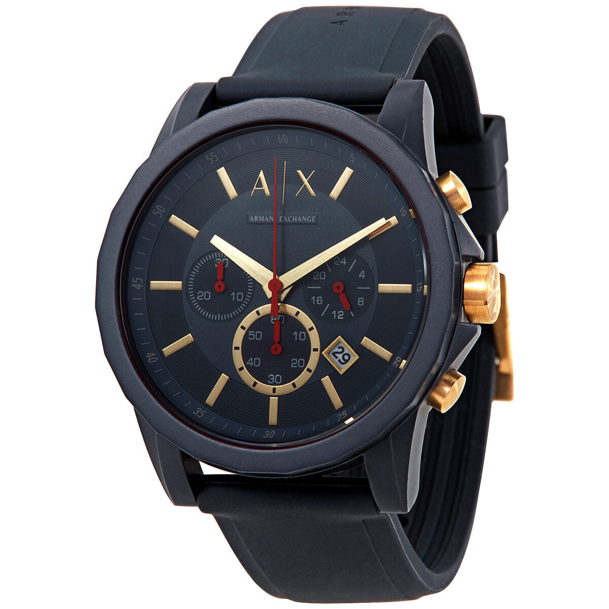 Armani Exchange Outerbanks chronograph watch with dark blue dial, gold hour markers, and black rubber strap