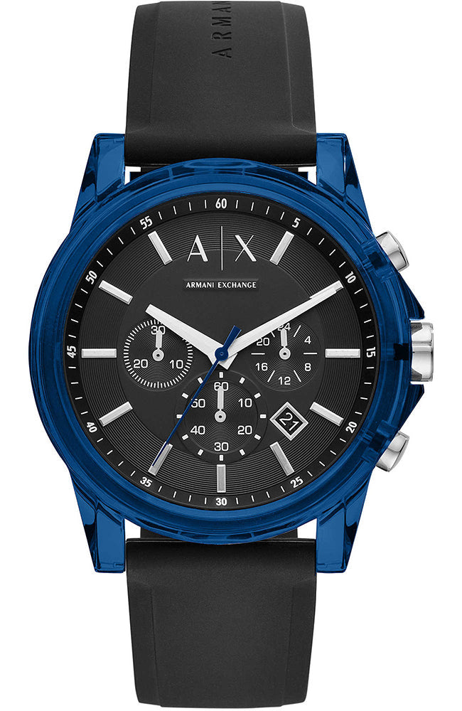 Armani Exchange Outerbanks AX1339 with blue case, black dial, and black silicon strap