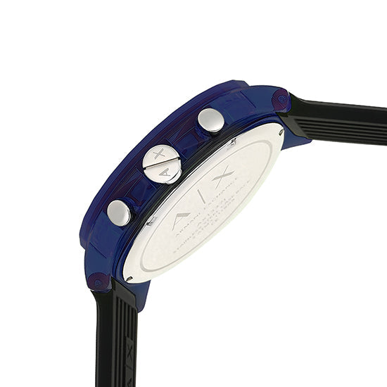 Armani Exchange Outerbanks AX1339 side view showing blue case, caseback, and silicon strap