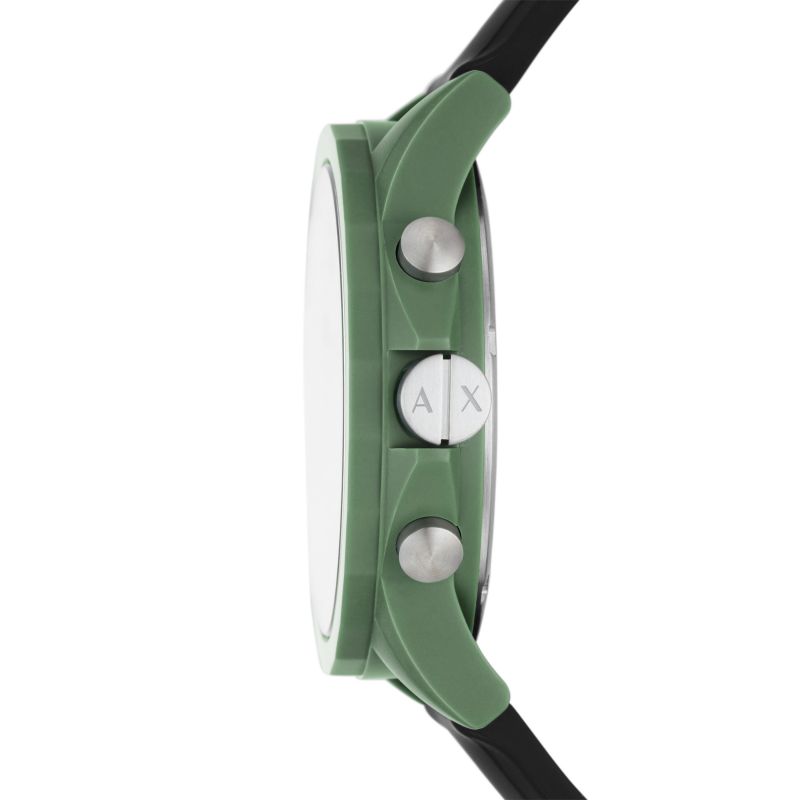 Side view of green case with black strap and silver chronograph pushers