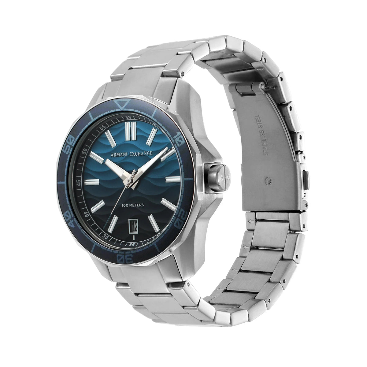 Armani Exchange Spencer watch angled view displaying ocean blue dial and silver bracelet
