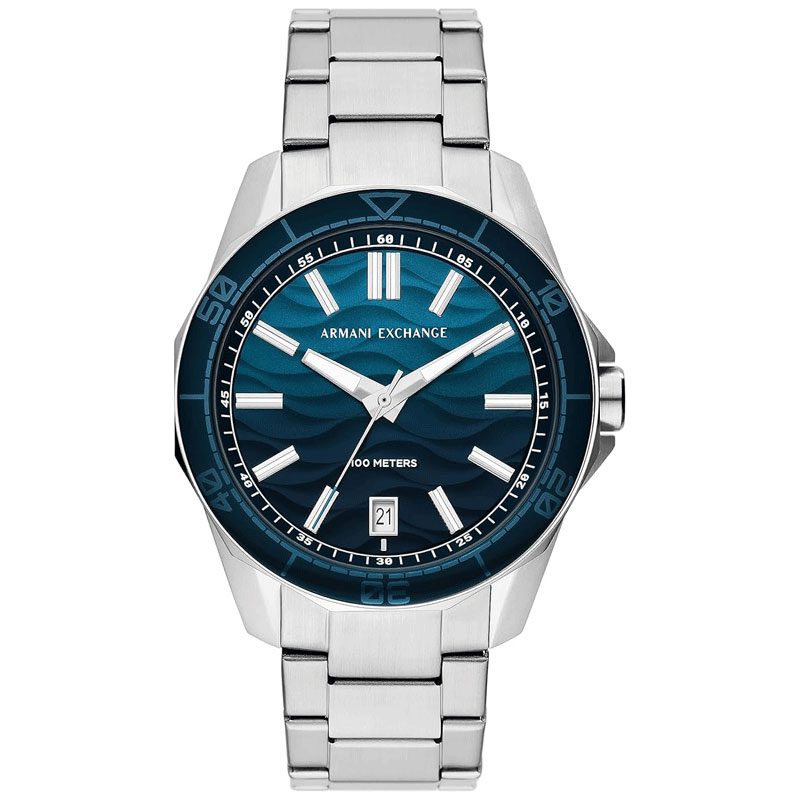 Armani Exchange Spencer watch with ocean blue dial and silver bracelet, front view