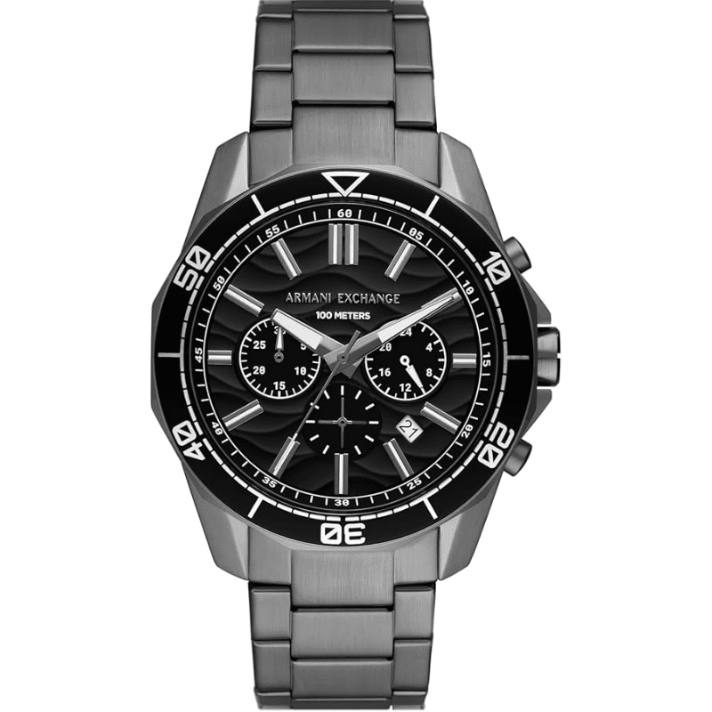 Armani Exchange Spencer chronograph watch with black dial and gunmetal bracelet