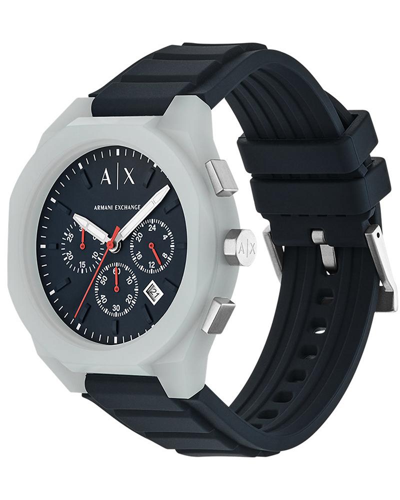 Side angle view of Armani Exchange Sync watch showing navy silicone strap and silver case profile