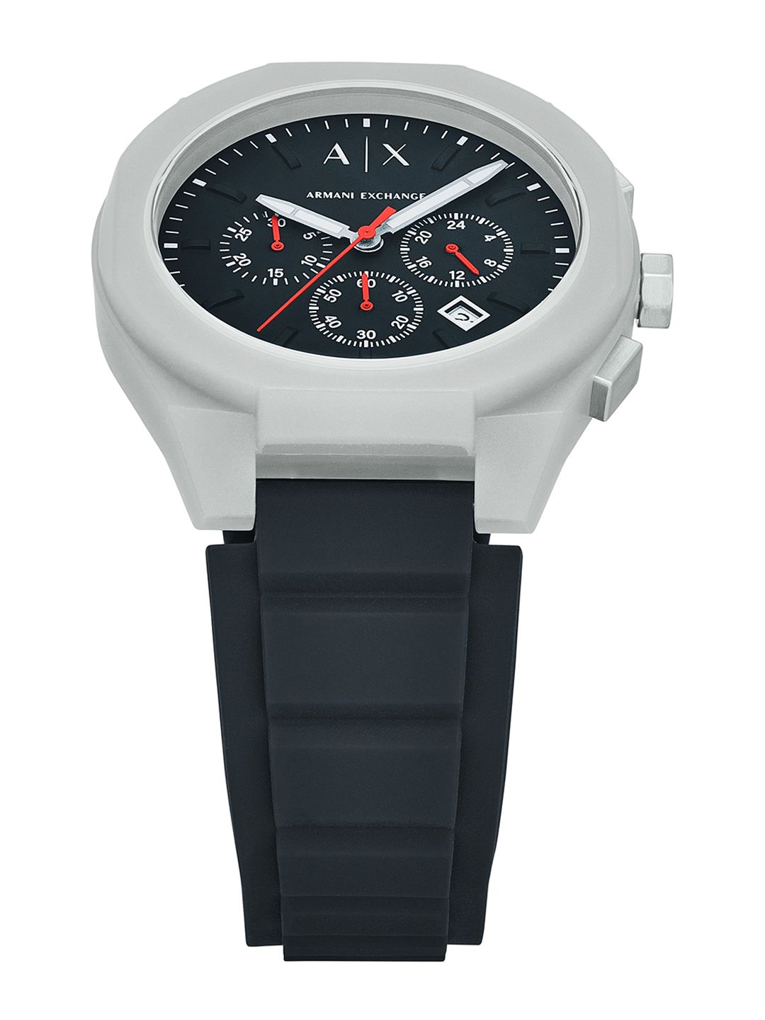 Close-up of black dial with three subdials, red accents, and chronograph hands on Armani Exchange Sync
