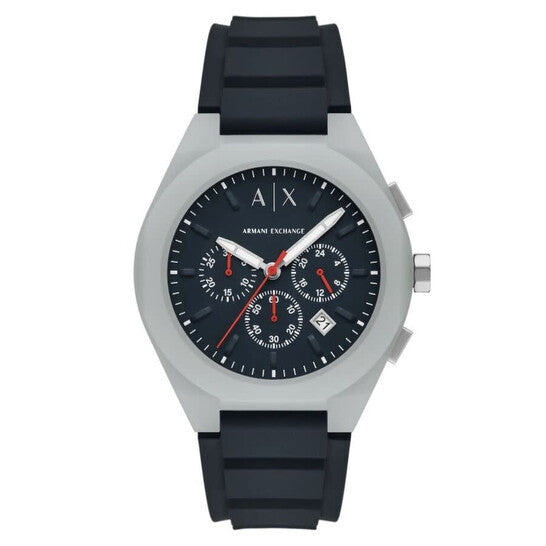 Armani Exchange Sync chronograph watch with silver case, navy silicone strap, black dial with red accents