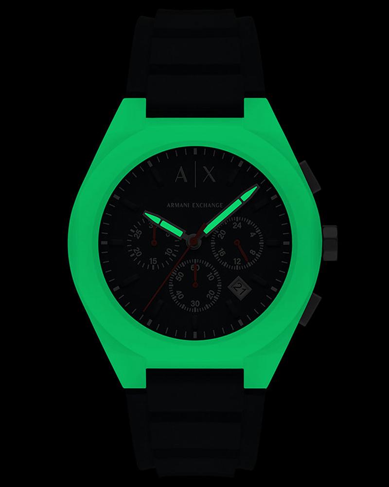 Armani Exchange Sync watch with glowing green luminous hands and case highlighting