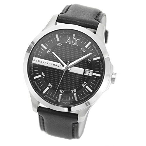 Armani Exchange Whitman watch at angle showing silver case and black leather strap