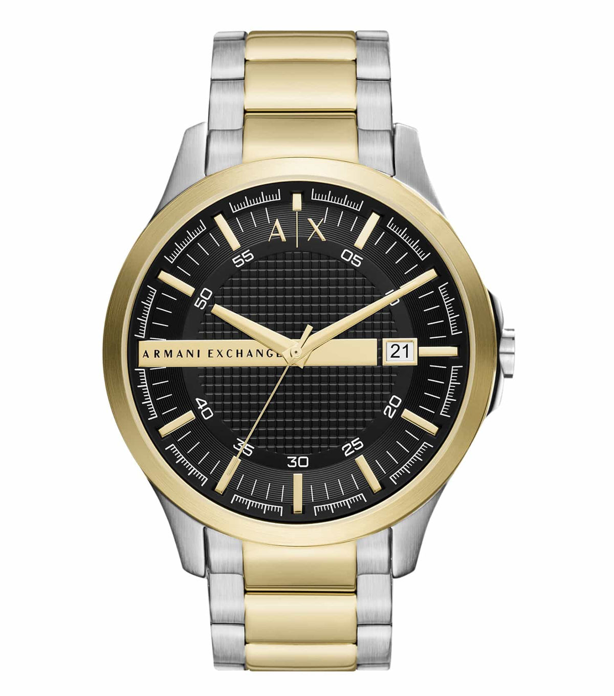 Armani Exchange Hampton AX2453 watch with black dial, date window, and two-tone stainless steel bracelet