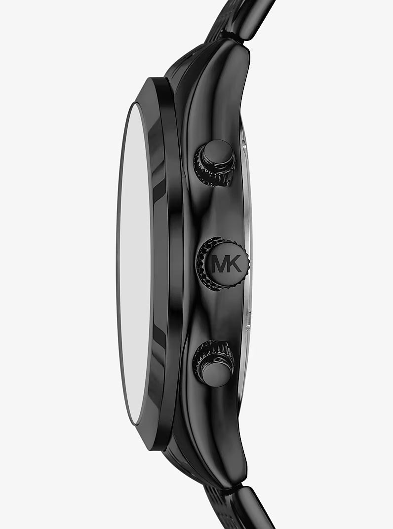 Side view of Aspyn chronograph watch showing black-tone case profile and crown detail