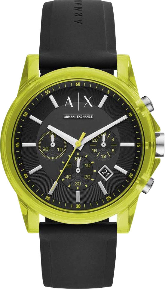 Armani Exchange AX1337 chronograph watch with lime green case and black dial on black strap