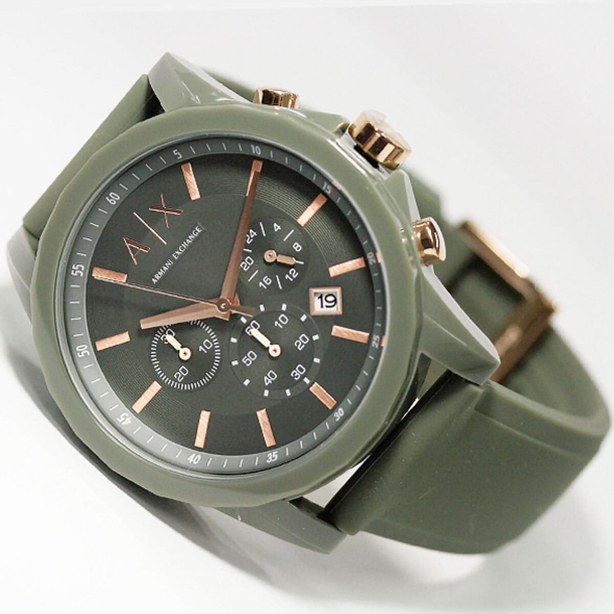 AX1341 watch angled view showing chronograph subdials and date window on olive green dial