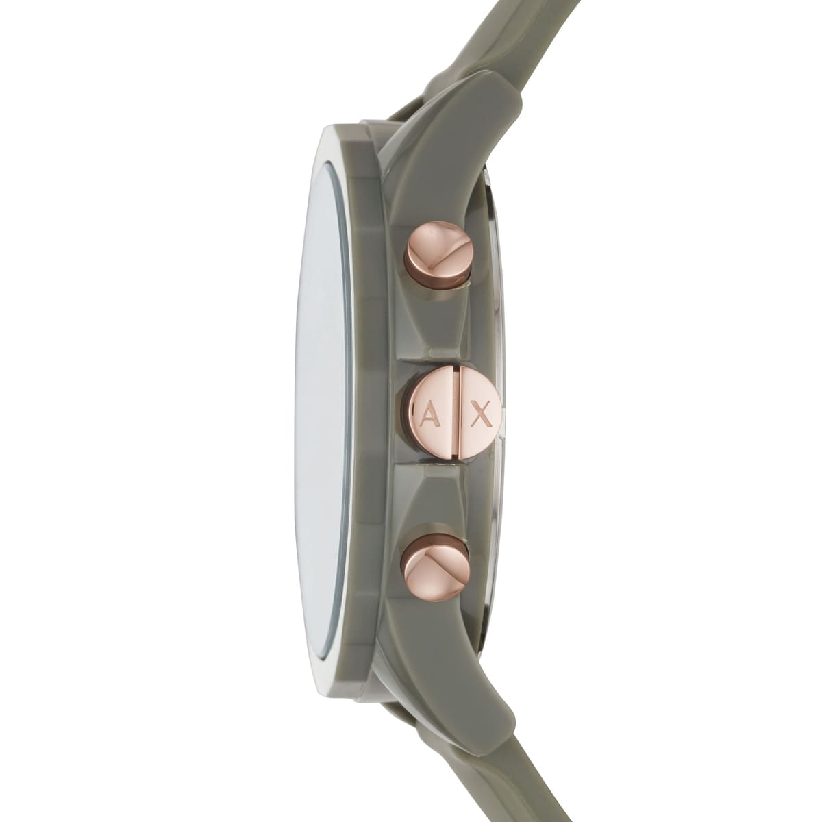 AX1341 watch side profile showing olive green rubber strap and rose gold chronograph pushers