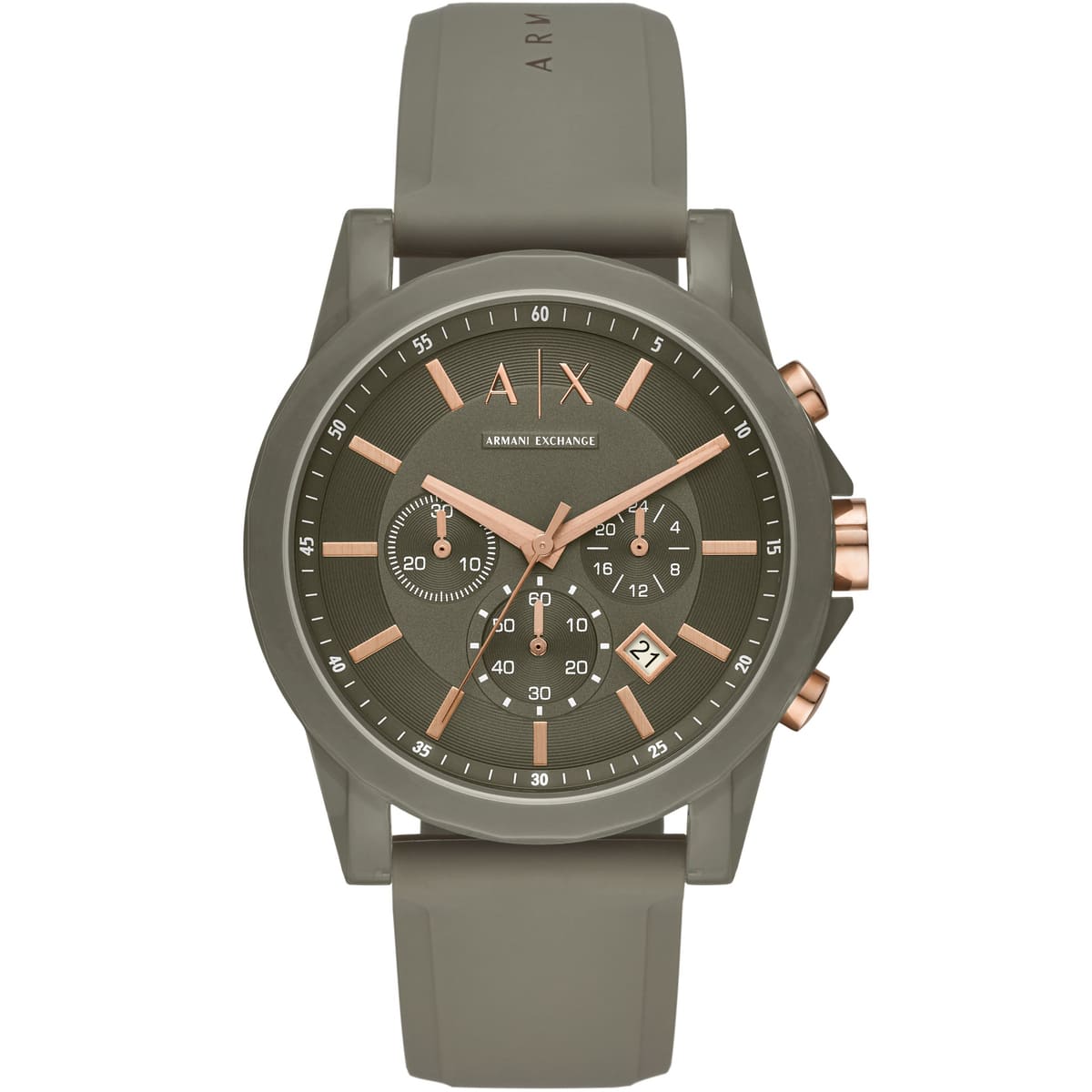 Armani Exchange AX1341 chronograph watch with olive green dial, rubber strap, and rose gold accents