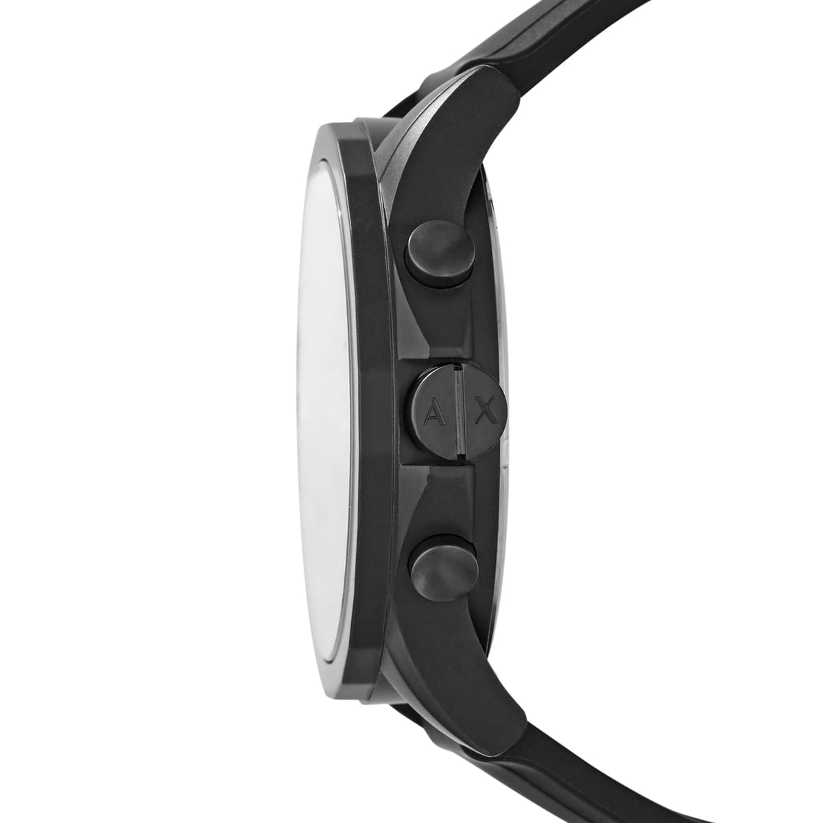 Side view of AX1343 watch showing black case, chronograph pushers, and black rubber strap