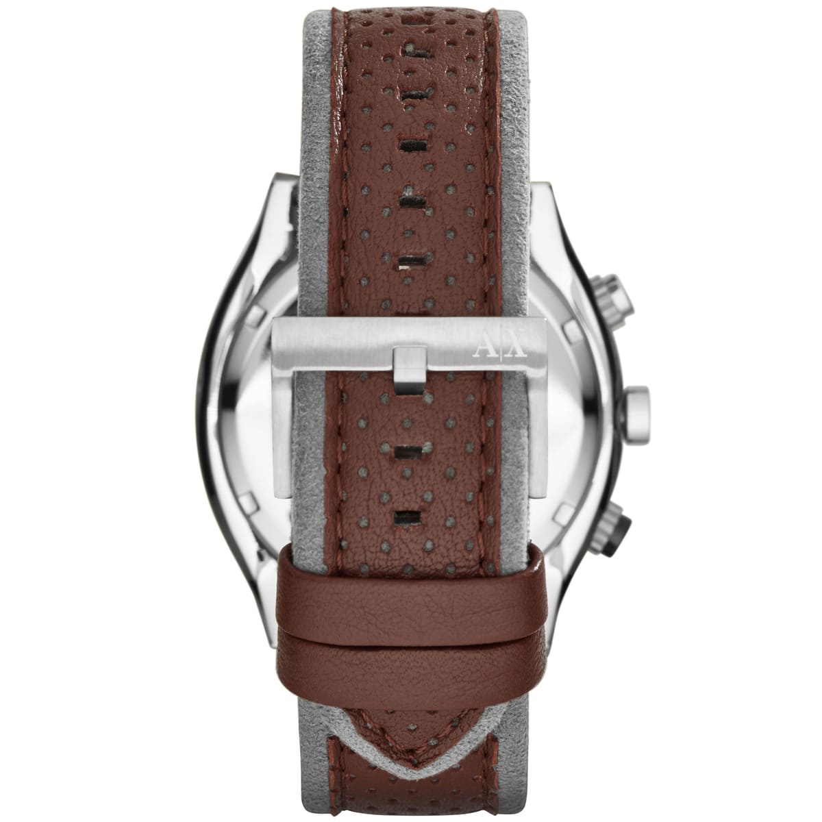 Armani Exchange AX1601 watch caseback view showing chronograph pushers and brown leather strap