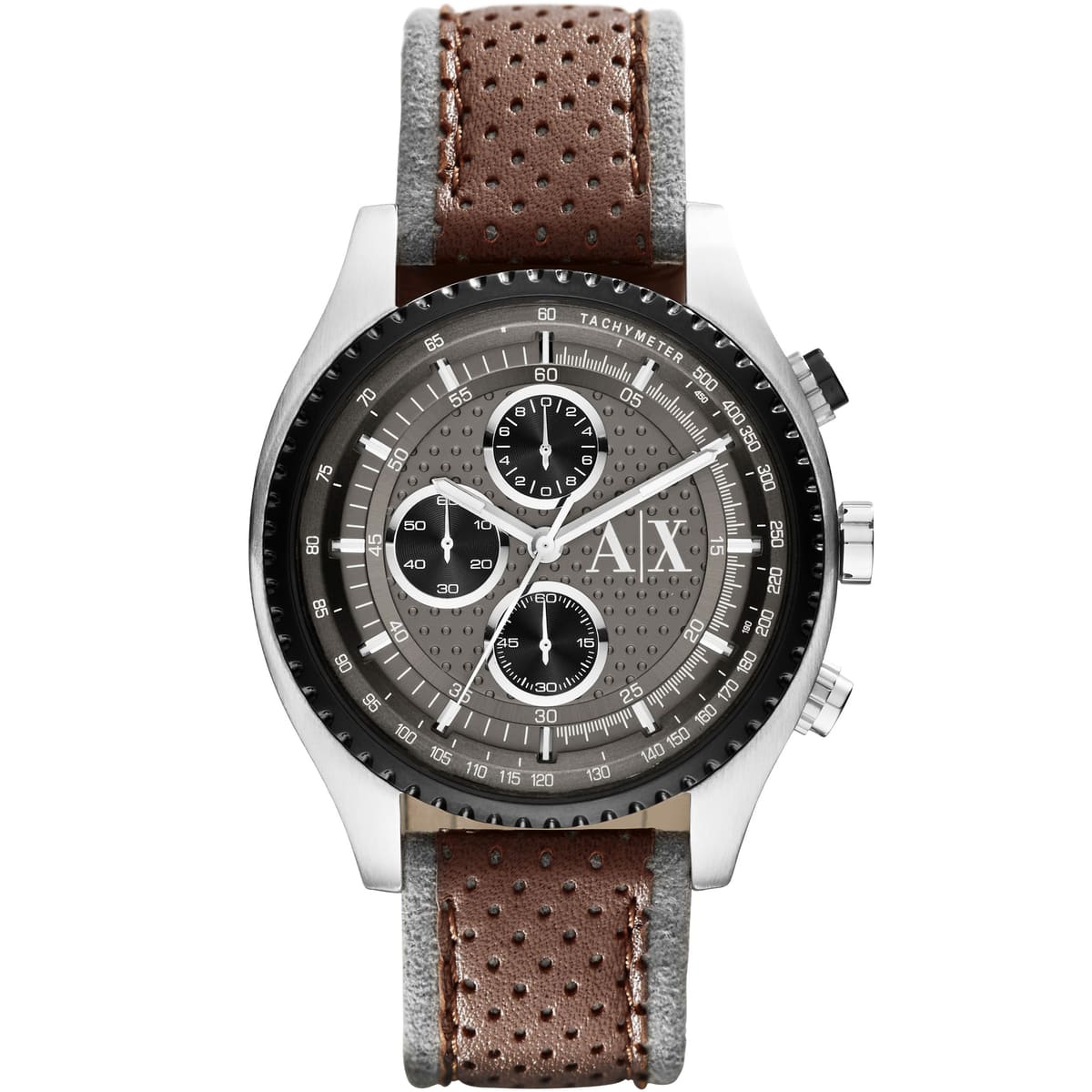 Armani Exchange AX1601 chronograph watch with gray dial and brown leather strap
