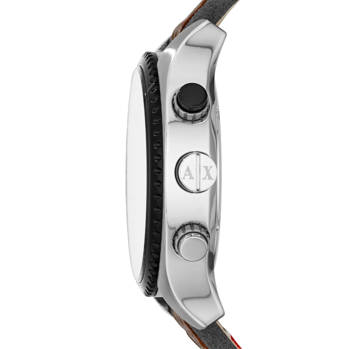 Armani Exchange AX1601 watch side profile with chronograph pushers and brown strap