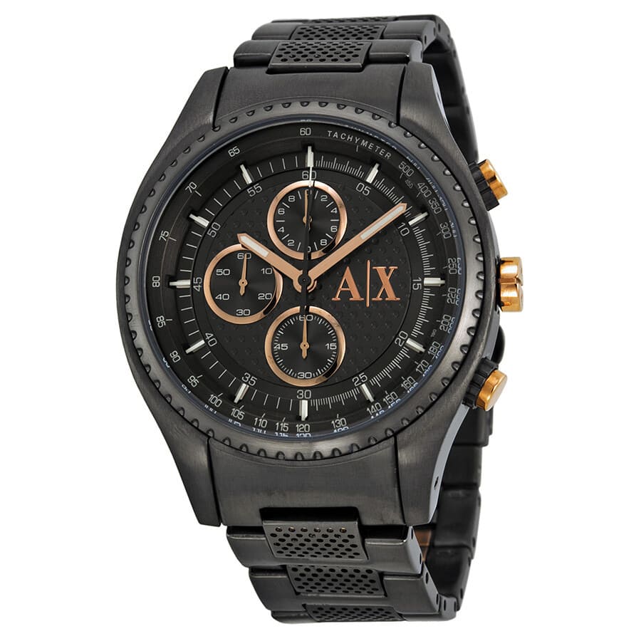 Angled view of AX1603 Armani Exchange gunmetal chronograph watch with three subdials