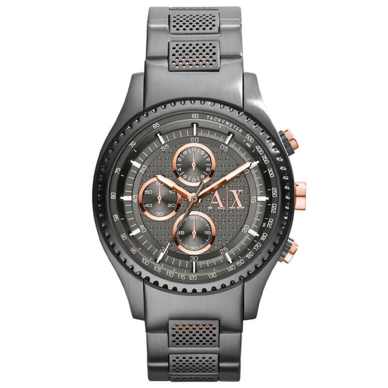 Armani Exchange AX1603 gunmetal chronograph watch with grey dial and rose gold chronograph hands