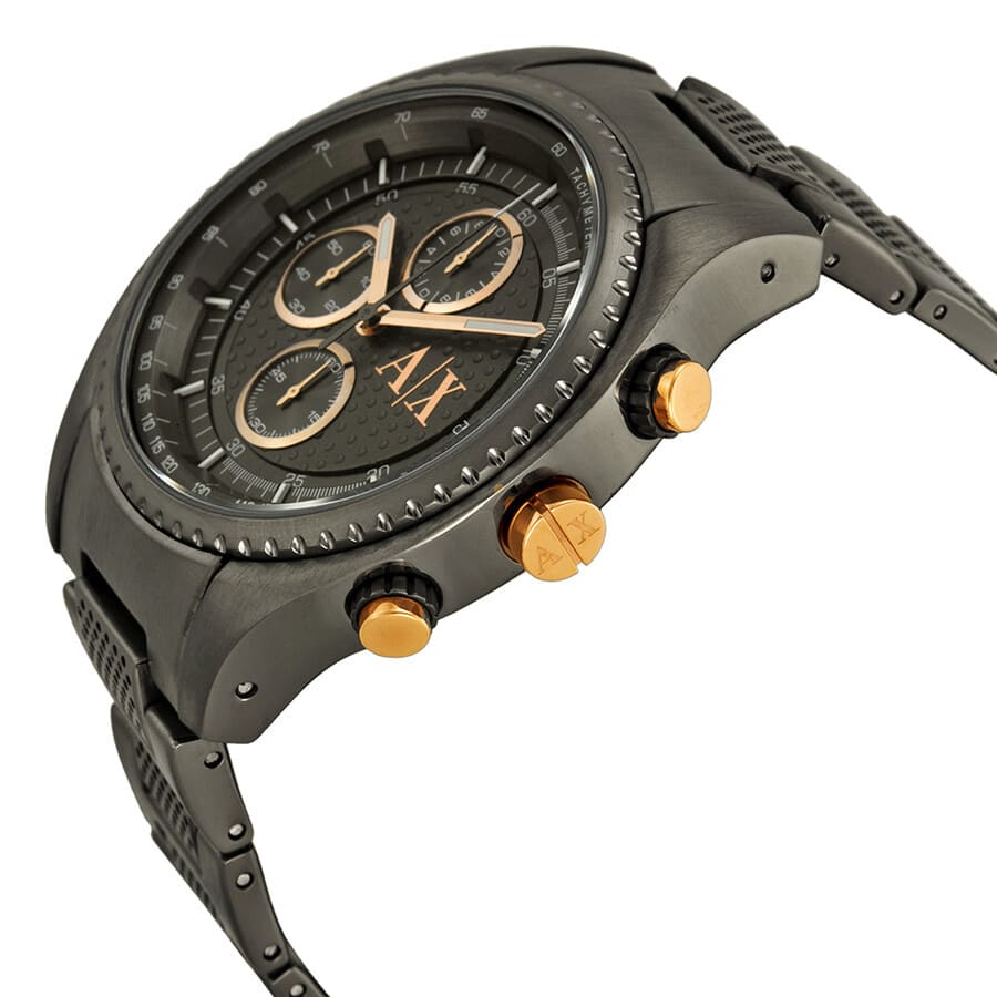 Side profile of Armani Exchange AX1603 watch showing rose gold chronograph pushers and gunmetal case