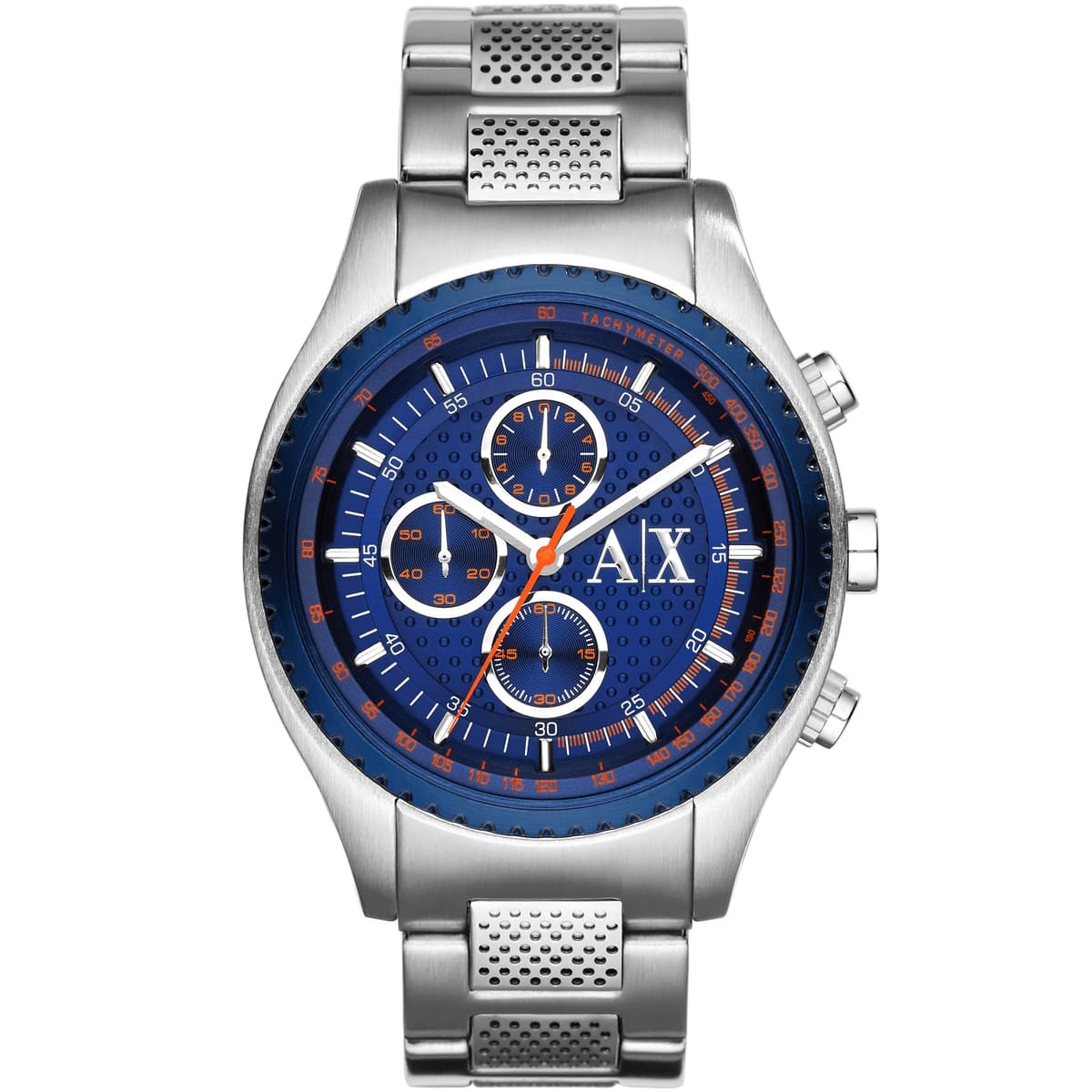 Armani Exchange AX1607 men's chronograph watch with blue dial and silver stainless steel mesh bracelet