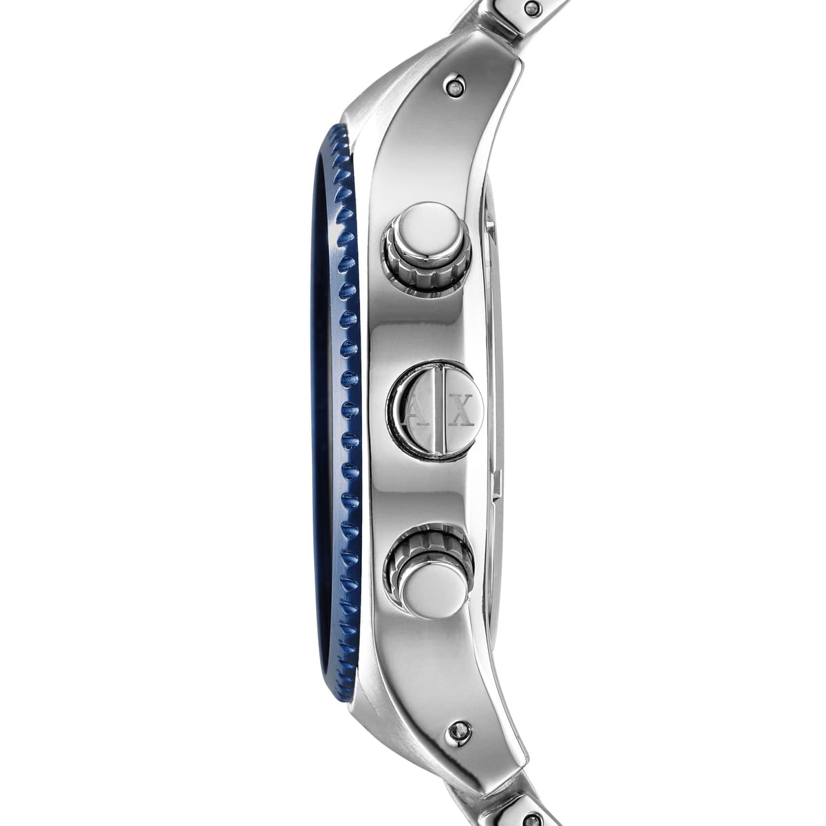 Close-up side profile of AX1607 chronograph watch case showing crown and pushers with blue leather accent