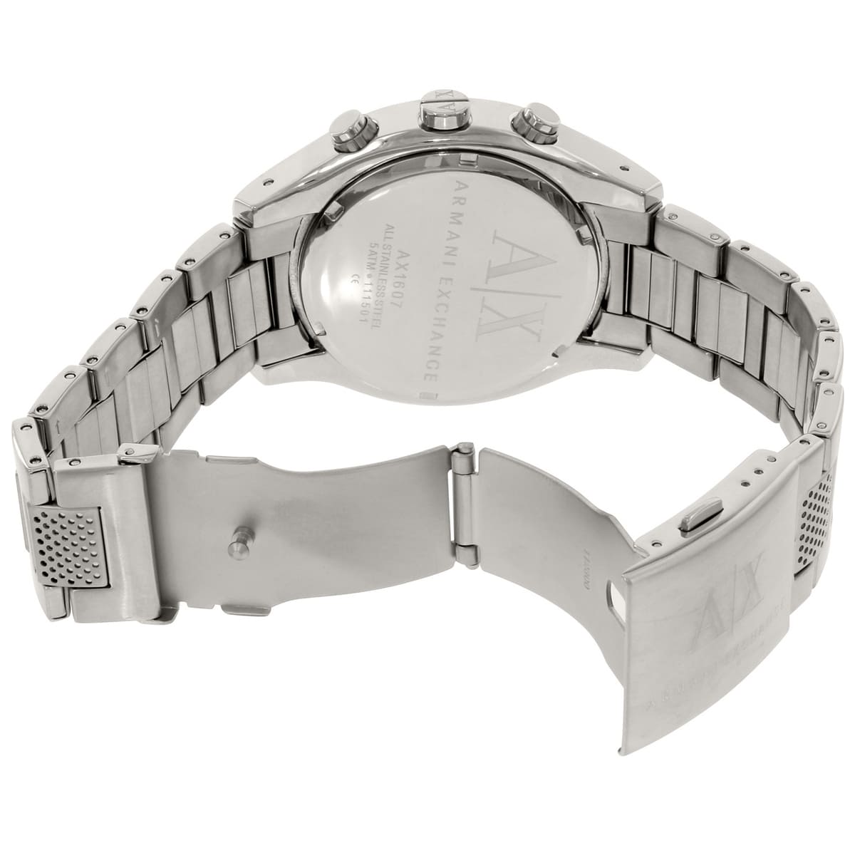 Back view of AX1607 bracelet and caseback showing stainless steel mesh strap and clasp